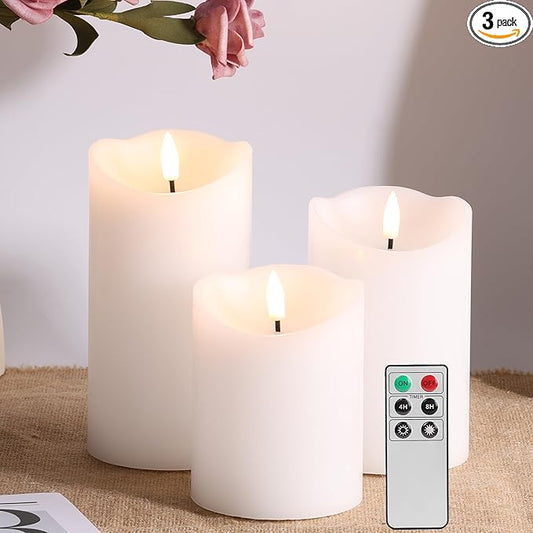 Eywamage White Flameless Pillar Candles with Remote, Flickering Realistic Battery Powered LED Wax Candles, Φ 3" H 4" 5" 6"
