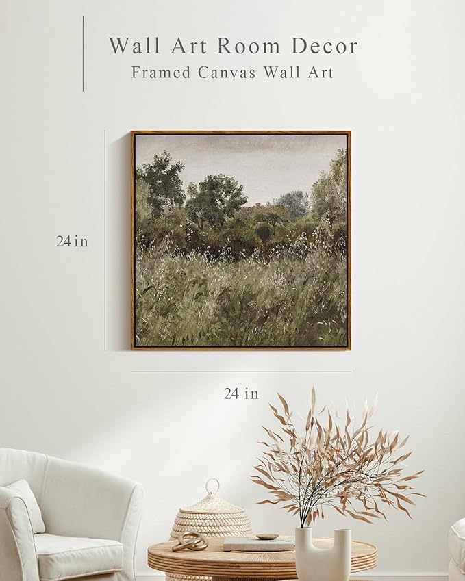 InSimSea Square Framed Canvas Wall Art, Large Decor Field of Oats Grassland Paintings, Nature Scenery Wall Pictures for Bedroom Living Room, Canvas Prints Vintage Country Decor 24"x24"