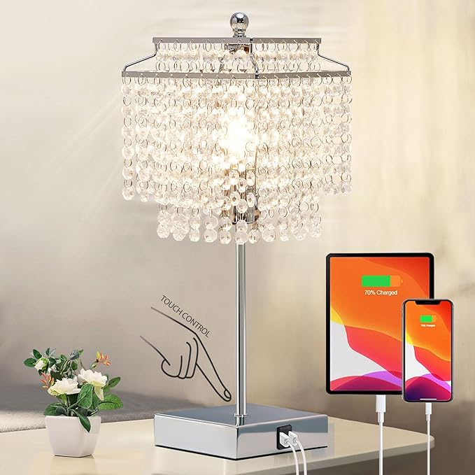 Luvkczc Crystal Table Lamp with Touch Control and USB for Bedside, 3-Way Dimmable with Crystal Shade for Bedroom, Living Room, 6W LED Bulb Included