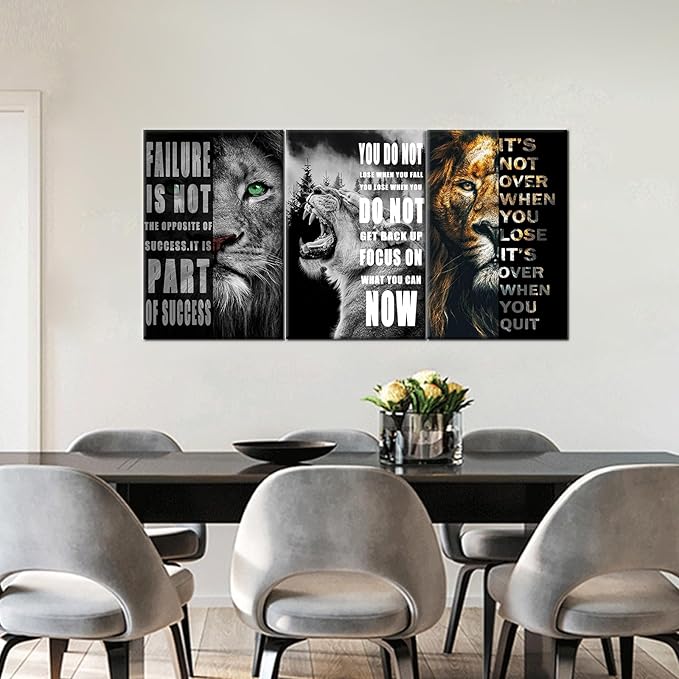 leopard Lion Canvas Wall Art Inspirational Quotes Poster and Print Inspiring 3 Panel Motivational Animal Picture Artwork for Living Room Bedroom Office Home Decor Framed Ready to Hang [48''Wx 24''H]