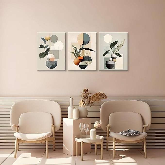 NAN Wind Modern Minimalism Wall Decor Set of 3 Boho Wall Art Mid-Century Framed Botanical Plant Geometric Canvas Art Abstract Minimalist Art Prints For Living Room Bedroom Kitchen Office Home Decor