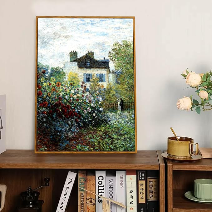 crmotu Vintage Framed Wall Art, Cottage Rose Garden Landscape Painting, French Country Floral Pictures Canvas Prints, Retro Rustic Farmhouse Wall Decor Living Room Bedroom Kitchen Artwork 12x16in