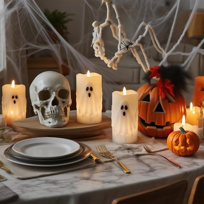 Eldnacele Halloween Flameless Candles with Remote and Timer, Battery Operated Hand Painted Ghost 3D Wick Flickering Real Wax White LED Pillar Candles Spooky Ghost Face Halloween Decor(2pcs,D3×H6.5)