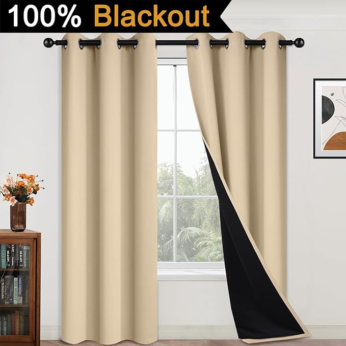 Yakamok Beige 100% Blackout Curtains, Thermal Insulated Total Blackout Drapes for Bedroom, Heat Blocking Window Curtains for Living Room(42Wx84L, 2 Panels)