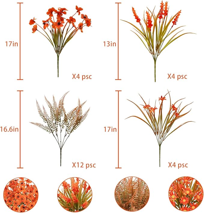 24 Pcs Artificial Fake Fall Flowers UV Resistant Faux Orange Mums Plants Arrangement for Outdoors Home Garden Window Porch Decor