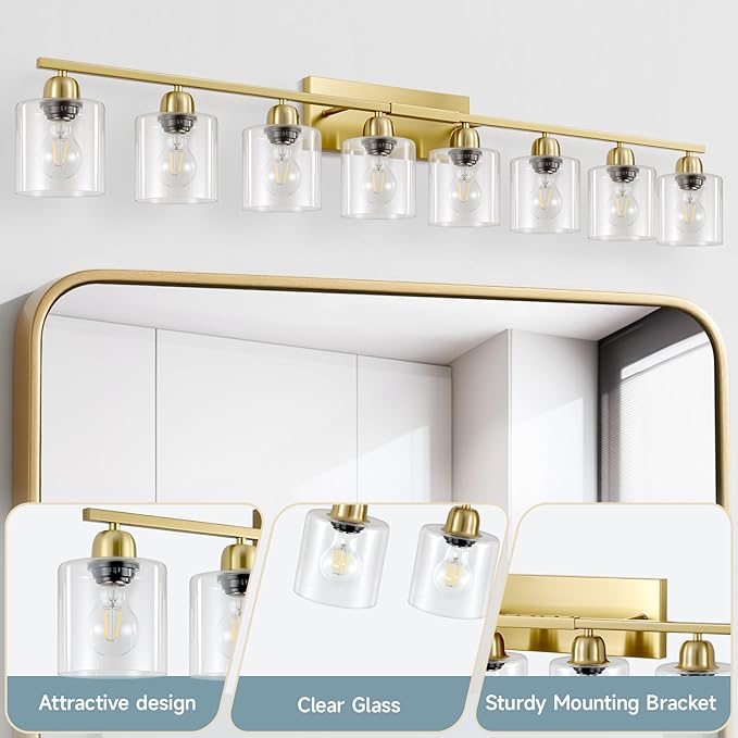 8 Light Bathroom Light Fixtures Gold, Brushed Gold Vanity Lights for Bathroom with Clear Glass, 51 inch Wall Sconce for Oversized Mirrors Living Room Bedroom Hallway E26 Base
