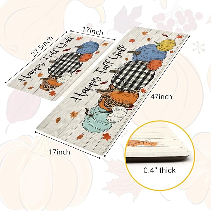SHACOS 2 Pcs Fall Anti Fatigue Kitchen Mats Pumpkins Autumn Fall Rugs Happy Fall Y’All Non Slip Cushioned Comfort Floor Mat for Kitchen Fall Home Decor Ergonomic Standing Mats, 17x27.5+17x47, Pumpkin