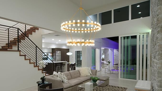 60 Inch Gold Wagon Wheel Chandelier with Crystal Shade, 2 Tier 100 Lights, Modern Farmhouse Style, Ideal for Dining Room, Kitchen, Entryways