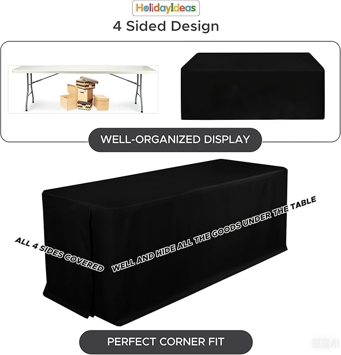 HolidayIdeas Fitted Black Tablecloths for 6 Foot Rectangle Table, Wrinkle Resistant Washable Table Cover 72x30 Inch for Vendor Booth Display, Banquet, Trade Show, 4 Pcs