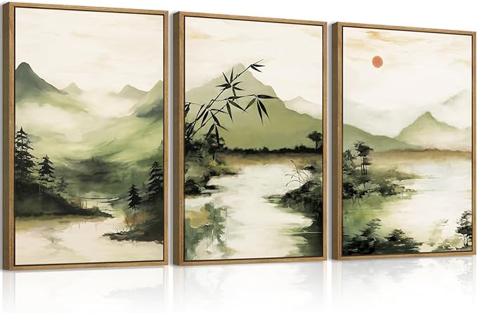 ANHUIB Green Mountain Wall Art Japanese Misty Landscape Wall Decor Foggy Forest Painting 16x24 Inch for Living Room Bedroom Bathroom