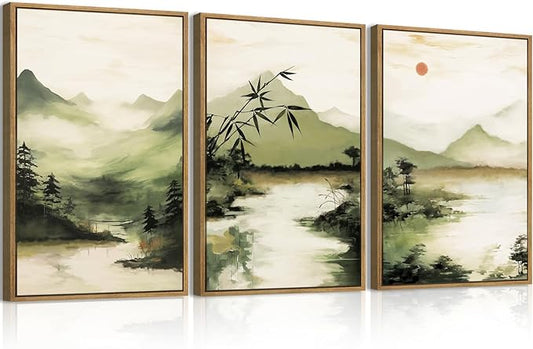 ANHUIB Green Mountain Wall Art Japanese Misty Landscape Wall Decor Foggy Forest Painting 16x24 Inch for Living Room Bedroom Bathroom