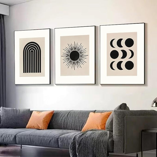 Modern Black Framed Canvas Wall Art Set,Black and White Beige Sun Moon Geometric Design Art Painting,Abstract Nature Artwork,Large Boho Wall Decor for Living Room,Bedroom,Office-24''x32''x3piece