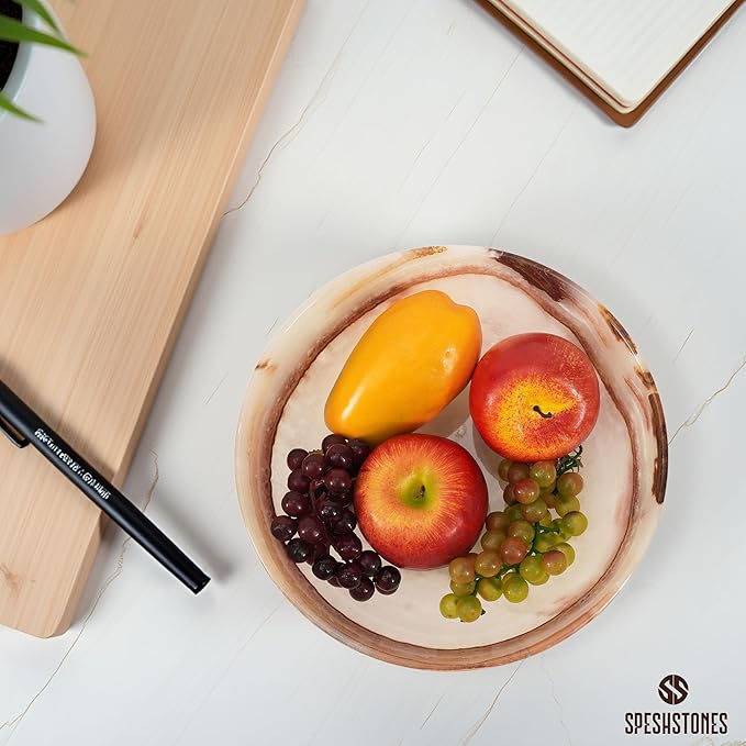 Marble Fruit Bowl 10 Inch White Onyx Handmade Decorative Serving Dish for Fruits, Snacks & Kitchen Counter - Ideal Stone Large Pedestal Bowls for Dining & Coffee Table Decor