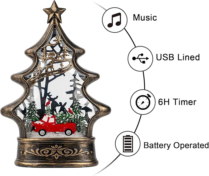 Christmas Snow Globe Lantern Water Glittering Christmas Tree with Red Truck, USB Lined/Battery Operated Lighted Lantern for Christmas Festival Decoration Gifts