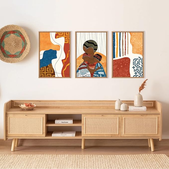 HOURIA Large Boho Black Woman Children Framed Canvas Wall Art Set,Colorful African American Wall Decor,Geometric Line Artwork,Abstract Ethnic Minimalist Murals Print for Bedroom,Farmhouse- 16"x24"x3