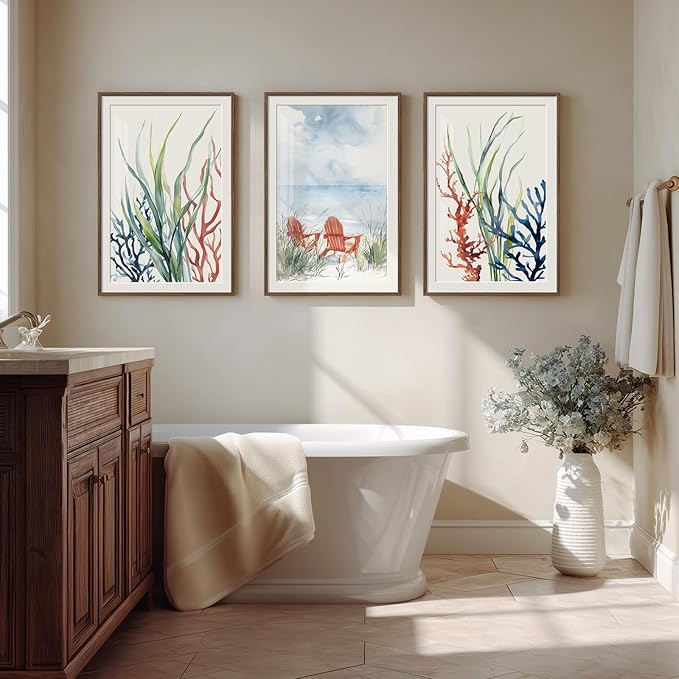 Framed Coastal Colorful Coral Wall Art for Living Room, 3 Piece Beach Ocean Seascape Artwork for Walls, Large Watercolor Marine Plants Pictures Prints for Bedroom Hallway Kitchen Wall Decor, 16x24 In