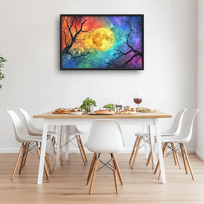 Extra Large Framed Abstract Moon Wall Art,Oversized Colorful Starry Night Tree Branch Wall Decor Pictures for Living Room,Canvas Print Painting Modern Artwork Bedroom Office Bathroom 36L x24W