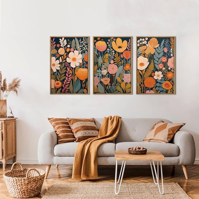 IARTTOP Large Floral Framed Canvas Wall Art 16x24 Inch Orange Abstract Blossom Flowers Wall Decor Set of 3 Mid-century Modern Boho Botanical Art Prints for Living Room Bedroom Office