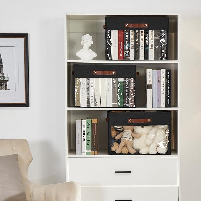 Extra Large Storage Baskets with Clear Window, See Through Closet Organizer with PU Handles, Linen Foldable Storage Bins for Organizing Clothes, Toys, Books (Black)