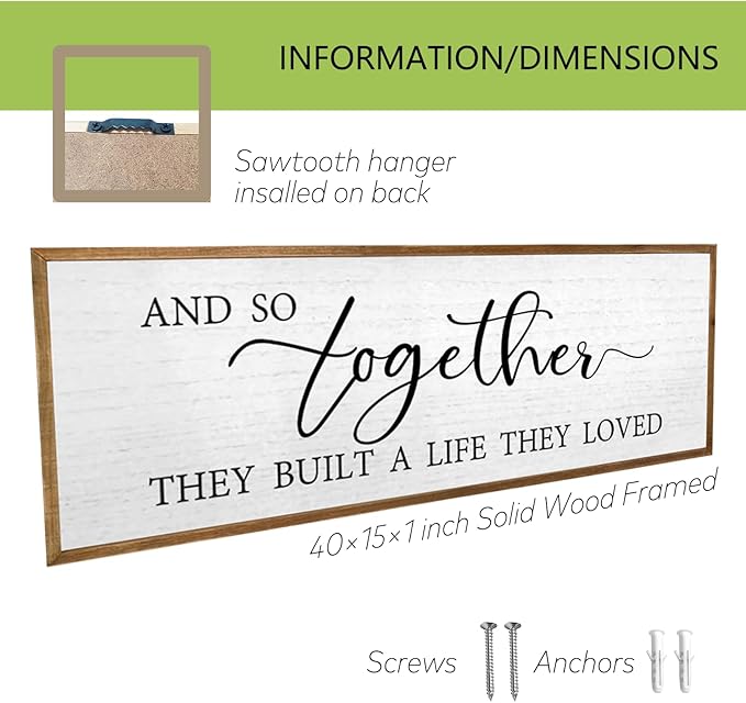 And So Together They Built A Life They Loved Wall Decor 40”X15” Rustic Master Bedroom Large Wood Framed Sign Above Bed Modern Farmhouse Quotes Couple Wall Art Over Bed Hanging Decoration (Wood)