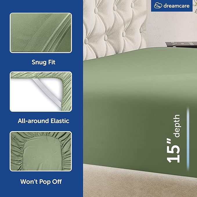 DREAMCARE Queen Sheet Set – 6 pcs Cooling Bed Sheets – up to 15” Deep Sheets Queen Size Bed Set – 2500 Supreme Collection – Extra Soft 100% Brushed Microfiber Hotel Luxury with Side Pocket –Sage Green