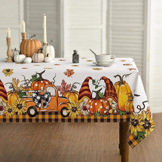 Horaldaily Fall Tablecloth 60x140 Inch Rectangular, Thanksgiving Autumn Harvest Orange Truck Gnome Pumpkin Buffalo Plaid Table Cover for Party Picnic Dinner Decor