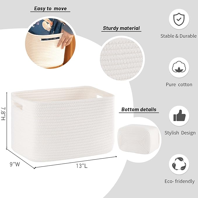 4 Pack Storage Baskets for Organizing Toys, Towels, and Clothes, Woven Basket for Shelves, Sturdy Nursery Cube Bins for Storage, 13''L x9''W x7.8''H, White