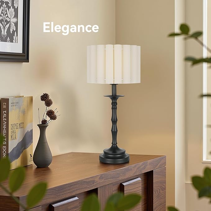 Vintage Black Scalloped Table Lamp, Rustic/Farmhouse Pleated Lamp, Scalloped Lampshade and Bamboo Lamp Post, for Living Room Bedside Side Table