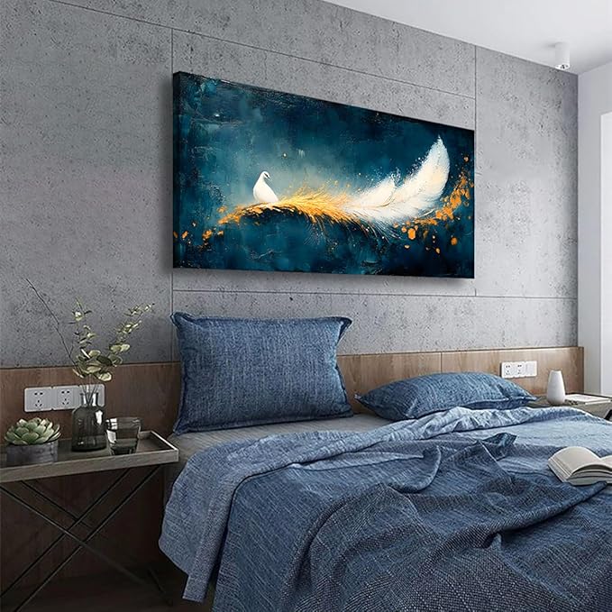 Abstraction Pictures Canvas Wall Art for Living room Office Bedroom Wall Decor, Peacock Wall Art Print Paintings Modern White Feather Zoon Artwork Waterproof Ready to Hang-20x40inch