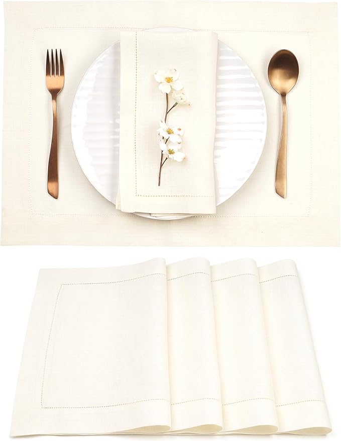 D'Moksha Homes Linen Placemats Set of 4 - Classic Hemstitch Ivory Placemats 14 x 19 Inch - 100% Pure Linen Table Mats for Fall, Autumn and Halloween - Handcrafted and Machine Washable