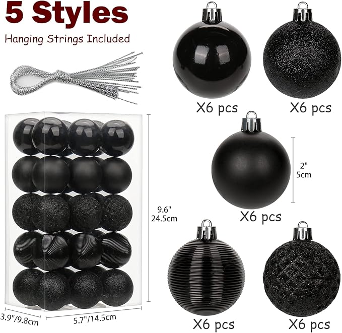 30PCS Shatterproof Black Christmas Tree Ball Ornaments for Holiday Decor
