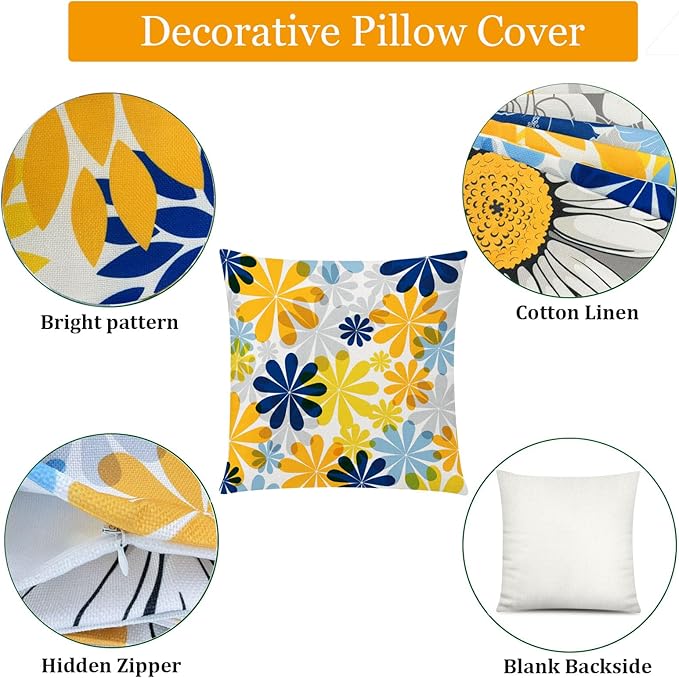 Blue Orange Pillow Covers 16x16 Set of 6, Yellow Blue Throw Pillow Cover for Couch, Daisy Dahlia Flower Pillowcase for Sofa Bedroom Living Room Farmhouse Home Decor