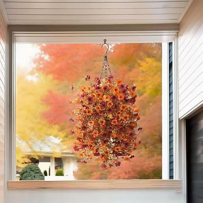 Fall Artificial Hanging Flowers for Outdoor 2 Pcs Fake Hanging Plants Autumn Decor -UV Resistant Artifical Faux Flower Silk Flowers for Indoor Planter Porch Balcony Yard Decor (Orange+Dark Red)
