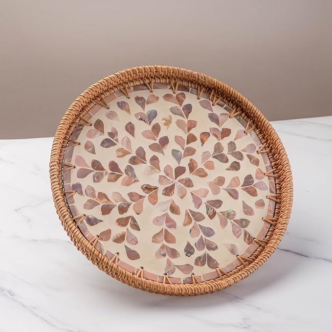 11.8' Wicker Round Rattan Mother of Pearl Serving Basket Tray for Décor Coffee Table | Large Boho Circle Woven Decorative Trays for Outdoor, Home, Kitchen Display (Leaf)