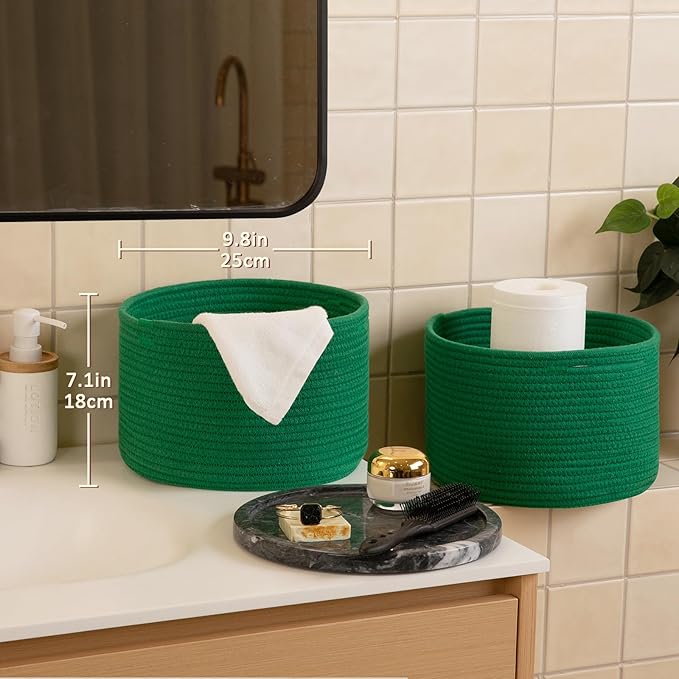 OIAHOMY Small Storage Baskets for Organizing,Closet Cube Shelf Storage, 9.8”×9.8”×7.1”, Woven Cotton Rope Gift Baskets for Nursery,Cute Dog Toy bins, Round 3 Packs, Green