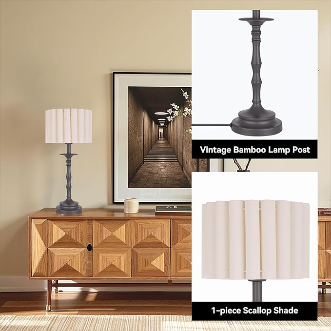 Vintage Brown Scalloped Table Lamp, Rustic/Farmhouse Pleated Lamp, Scalloped Lampshade and Bamboo Lamp Post, for Living Room Bedside Side Table