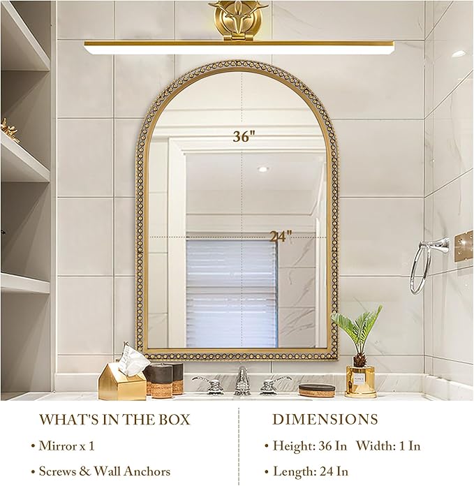 24" x 36" Arch Wall Mirror, Antique Gold Metal Beaded Frame Bathroom Mirror, Vintage Classic Distressed Hanging Mirror for Vanity Mantel Entryway Living Room