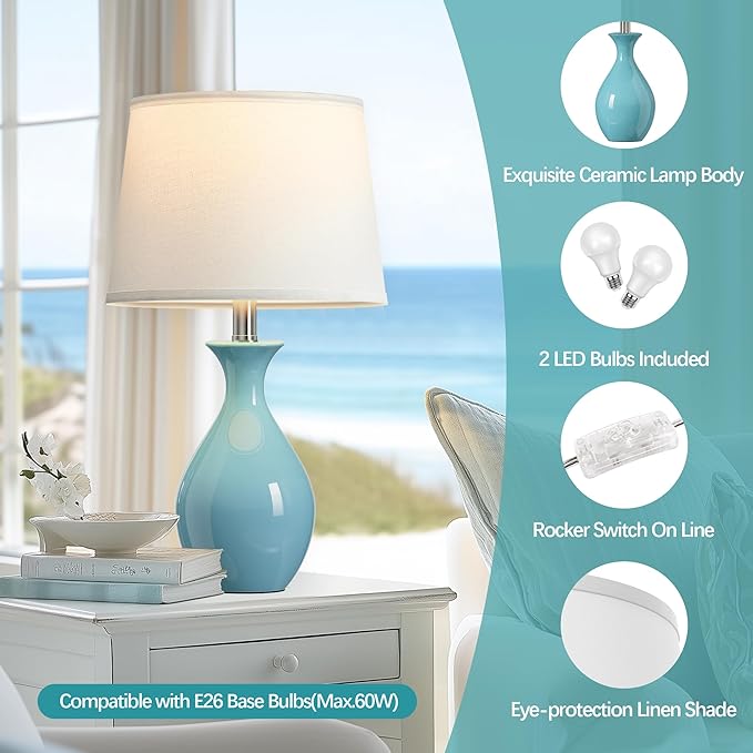PARTPHONER Table Lamp Set of 2, Modern Ceramic Bedside Lamps for Night Stands, Classic Small Lamp Nightstand Lamp for Bedroom Living Room Desk End Table Rocker Swtich Sky Blue