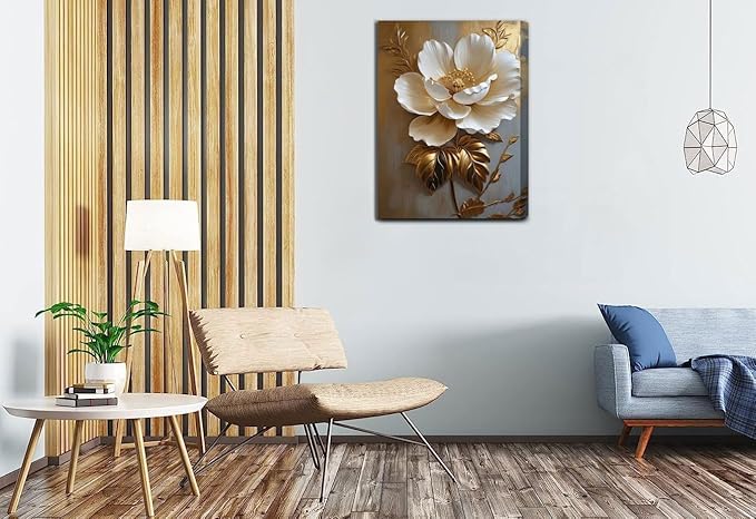 Flower Pictures Canvas Wall Art White Gold Flowers Elegant Wall Decor pictures 3D Retro Floral poster prints for Bedroom Bathroom Wall Decorations (12inx16in canvas)