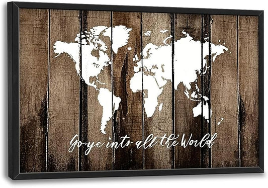 Flintis Large World Map Wall Art Go Ye Into All The World Pictures Wall Decor Abstract Canvas Painting Print Artwork Decoration Framed for Living Room Bathroom Master Bedroom Office 36L x 24W