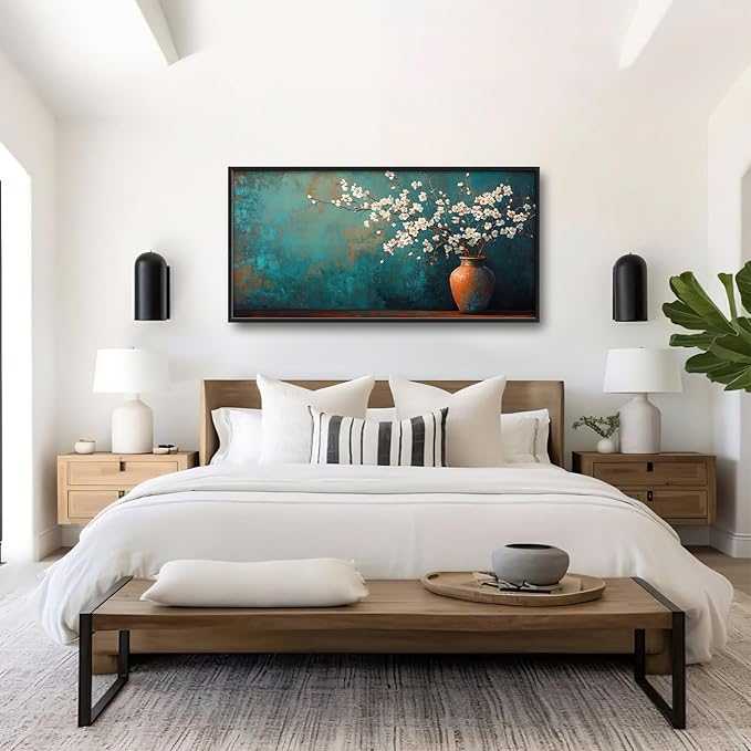 Teal Flowers Framed Wall Art for Living Room, Large Florals in Vase Canvas Wall Decor, Vintage Canvas Pictures Painting, Modern Artwork for Bathroom Bedroom 60L'' × 30W''