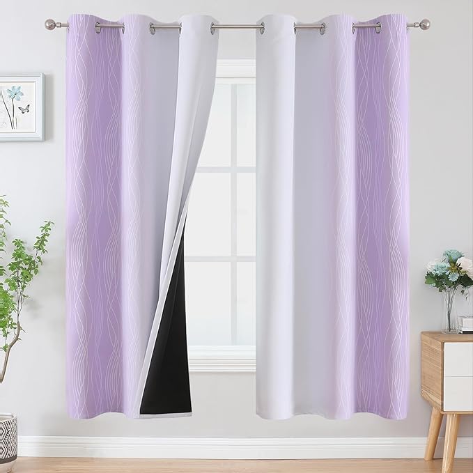 Estelar Textiler Lilac and Greyish White Ombre Blackout Curtains 72 Inches Length for Bedroom, Thermal Insulated Light Blocking Grommet Gradient Blackout Drapes for Living Room, 42Wx72L, 2 Panels