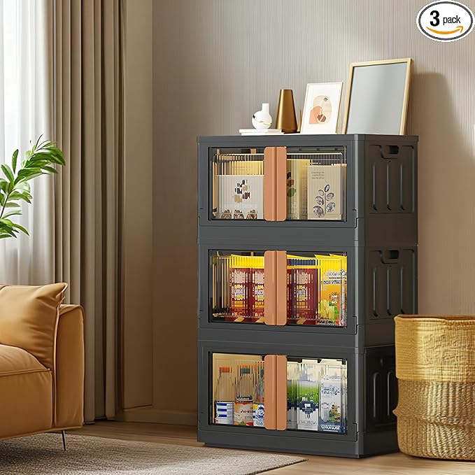 GCCSJ 76Qt Stackable Plastic Storage Boxes with Lids, Foldable Closet Organizers and Storage Containers with Wheels, Collapsible Storage Bins for Home Organization, 3 Pack Black