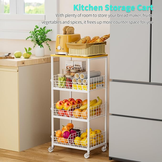 HapiRm Kitchen Fruit Vegetable Cart - 4 Tier Rolling Storage Rack with Wheels and Dividers, Coffee Station Cart Rack Shelf Organizer for Onion, Potato, Snack, Fruit, Vegetable Storage Stand, White