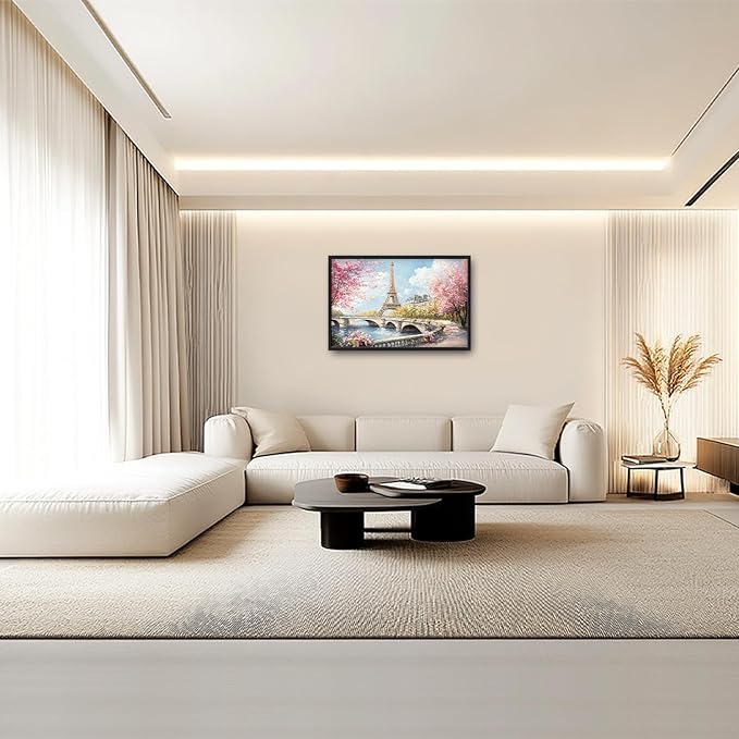 Eiffel Tower Framed Wall Art for Living Room, Large Paris Tower Canvas Wall Decor, Pink Cityscape Pictures Painting, Natural Landscape Modern Artwork for Bathroom Bedroom 36L'' × 24W''