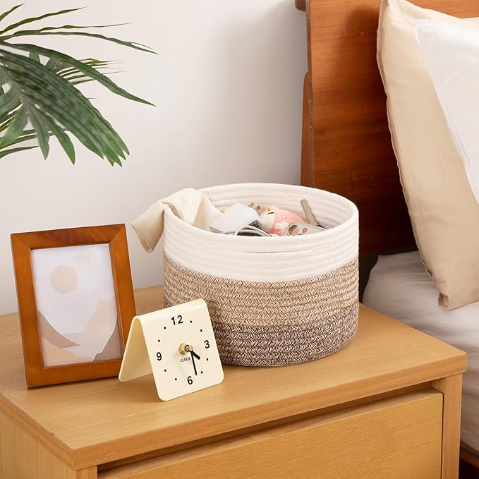 OIAHOMY Small Storage Baskets for Organizing,Closet Cube Shelf Storage, 9.8”×9.8”×7.1”, Woven Cotton Rope Gift Baskets for Nursery,Cute Dog Toy bins, Round 3 Packs, Gradient Brown