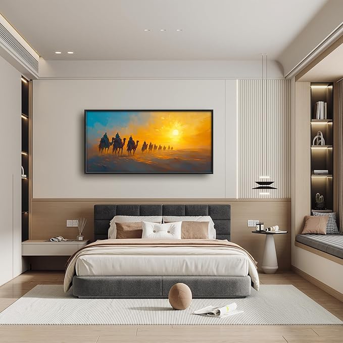 Flintis Large Desert Camel Framed Wall Art Sunset Camels Pictures Wall Decor Abstract Natural Landscape Canvas Painting Print Artworks Framed for Living Room Bathroom Master Bedroom 60L X 30W