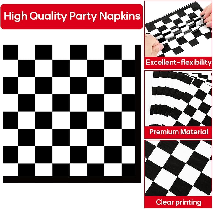 Racing Car Party Oval Paper Plates 11inch Black & White Checkered Flag Plates and Napkins, Dish Tray for Race Fans Birthday Party Supplies Dirt Bike Holiday BBQ Picnic Baby Shower Tableware, 25 Guest