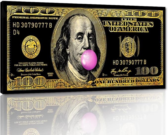 Motivational Money Art Print Dollars Canvas Office Home Decor for Walls Funny Franklin 100 Dollar Pop Art HD Print Black Golden Money Art for Living Room Bedroom Decor Framed Ready to Hang-32 Wx16 H