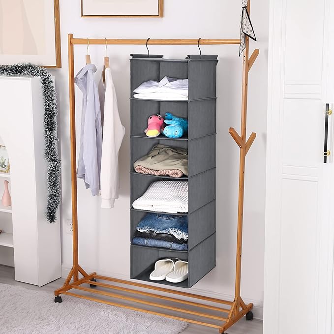 MAX Houser 6 Tier Shelf Hanging Closet Organizer, Closet Hanging Shelf with 2 Sturdy Hooks for Storage, Foldable (Grey)